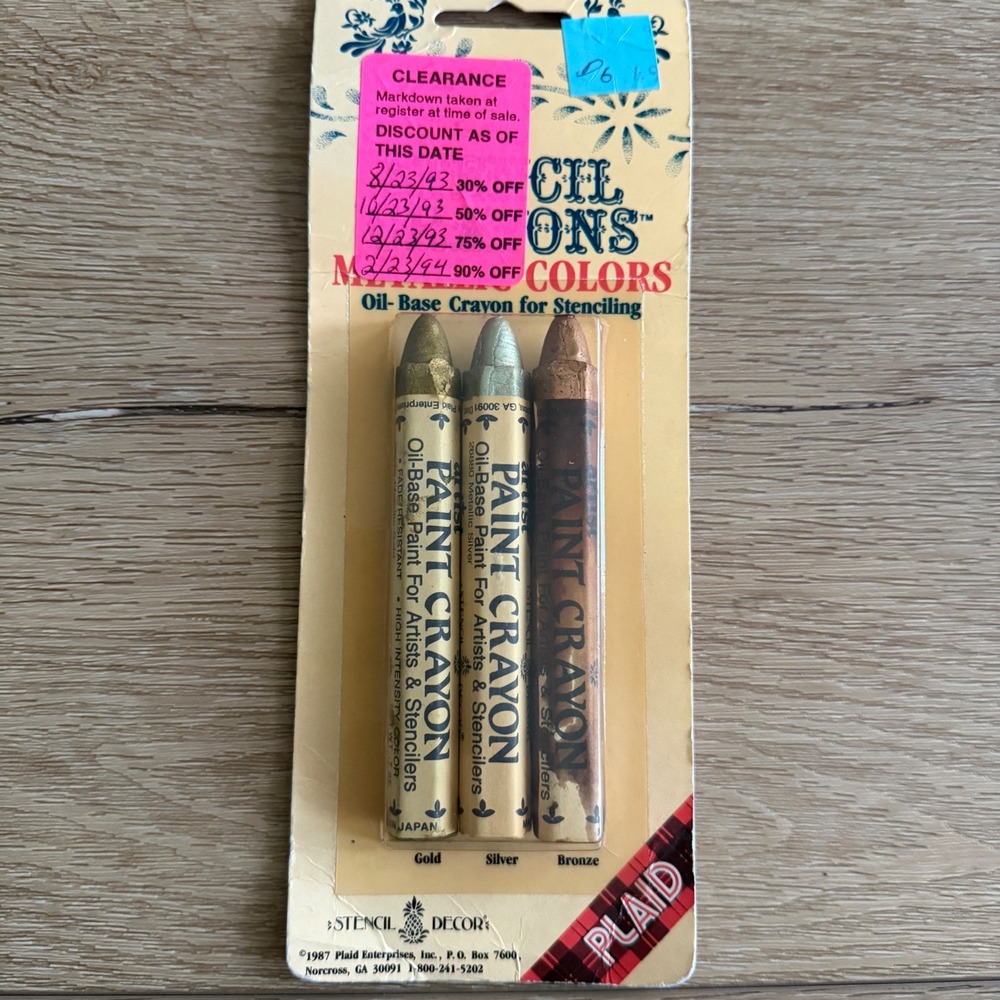 Plaid Stencil Decor Metallic Paint Crayons Gold Silver Bronze 3pk Vintage